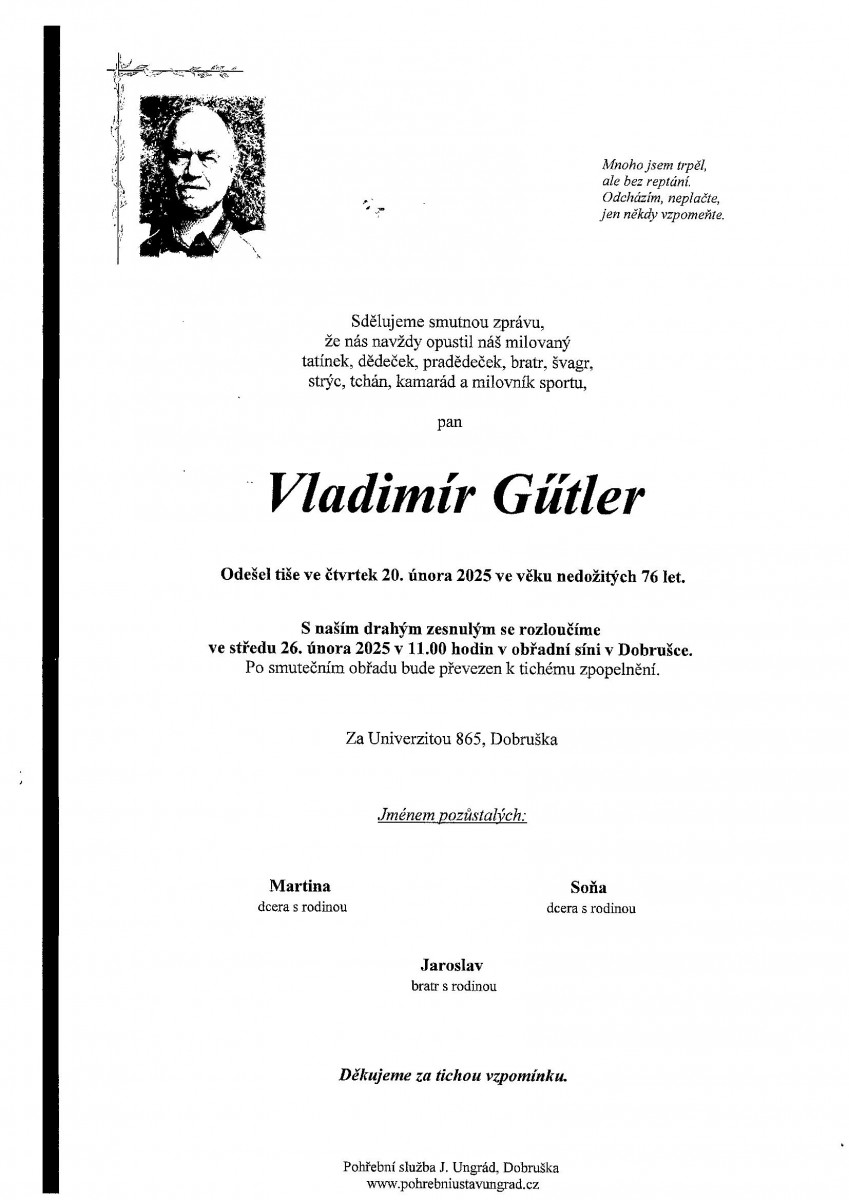 Navždy nás opustil předseda oddílu Vladimír Gütler